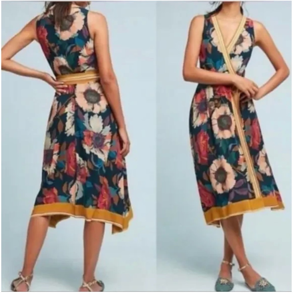 ANTHROPOLOGIE MAEVE Botanica Floral Faux Wrap Midi Dress Size 0 Colorful Spring - Picture 2 of 2